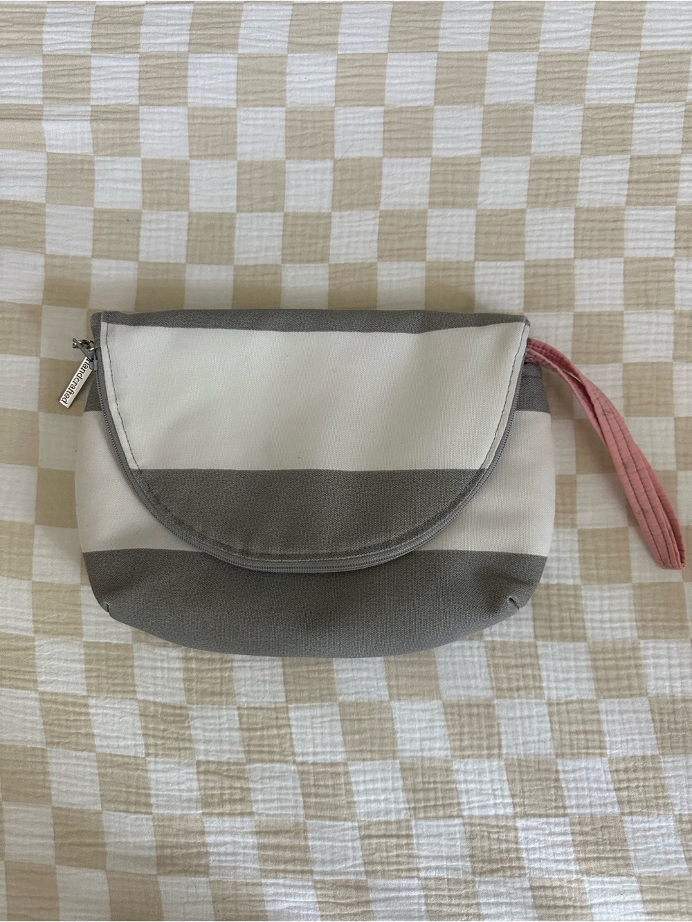 Striped Gray & White Diaper Clutch with Pink Strap Handcrafted Boutique